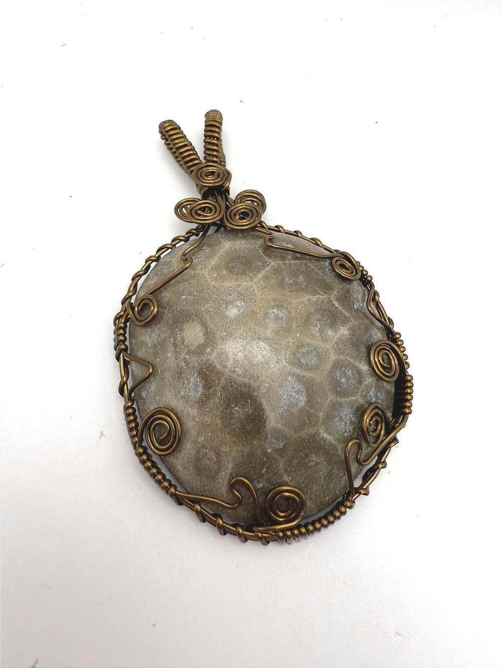 Large Handcrafted Wire Wrapped Petoskey Stone Pendant Amulet